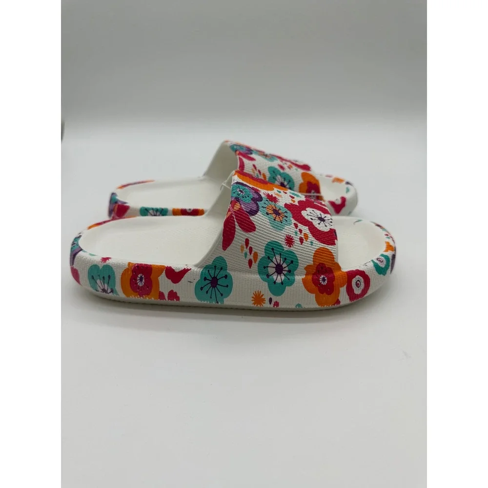 Kids Floral Print Foam Slide Sandals White Multi Color Pool Beach Shoes Size 2